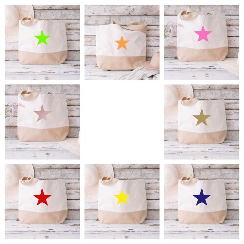 Beach Bag Star Designs Organic 100% Cotton Canvas & Jute Tote shopper