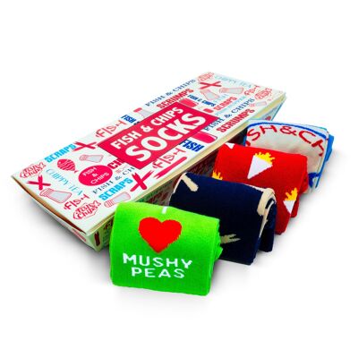 Neuartige Unisex-Socken für Männer und Frauen British Fish & Chips Socken – Chippy Tea Geschenkbox-Set
