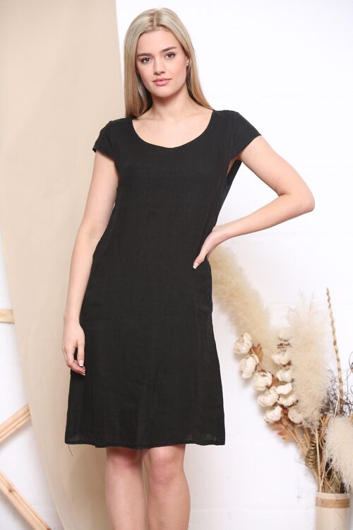 Black short sleeve linen dress with stretch sides