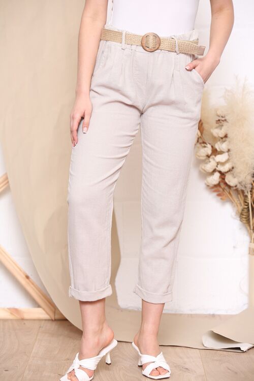 Beige linen trousers with belt