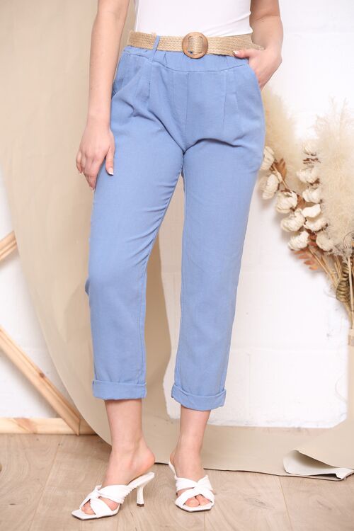 Blue  linen trousers with belt