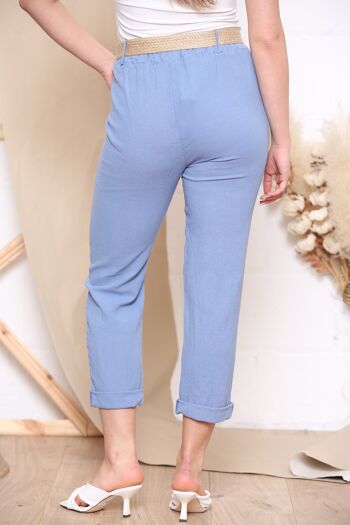 Pantalon en lin bleu avec ceinture 3