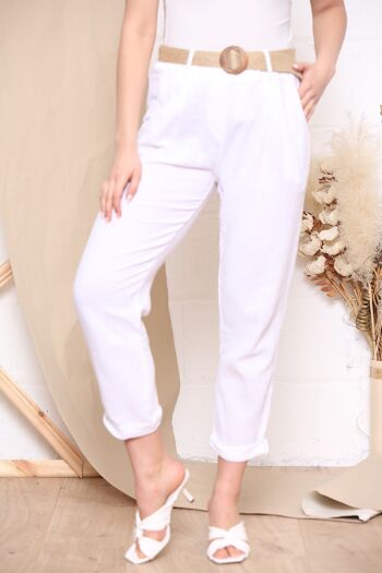 Pantalon en lin blanc avec ceinture 1