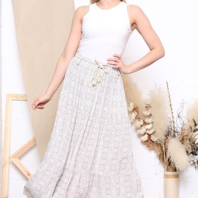 Beige pattern maxi skirt with rope belt