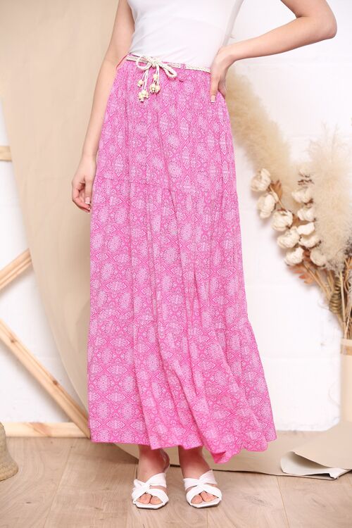 Fuchsia pattern maxi skirt with rope belt