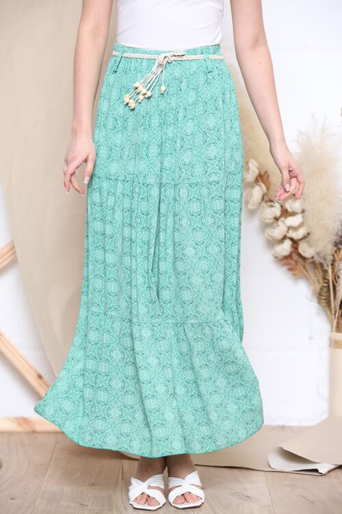 Green pattern maxi skirt with rope belt