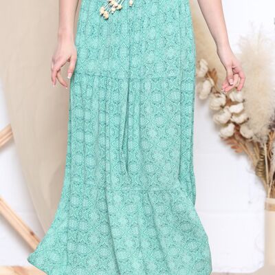 Green pattern maxi skirt with rope belt