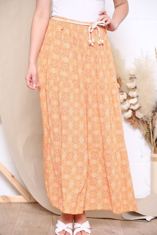 Orange pattern maxi skirt with rope belt