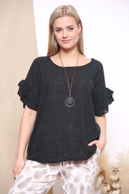 Black ruffled sleeve top with necklace