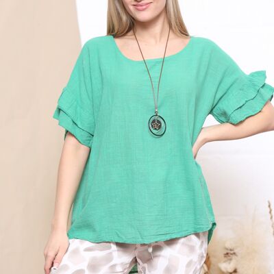 Top manga volante verde con collar