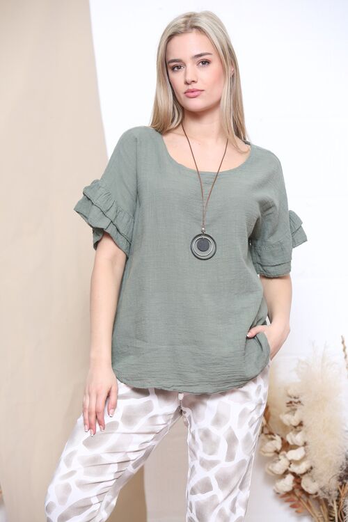 Khaki ruffled sleeve top with necklace