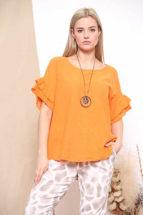 Orange ruffled sleeve top with necklace