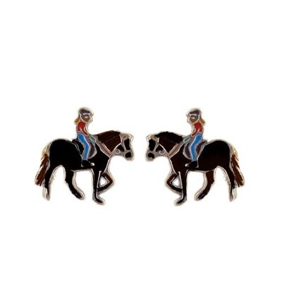Schwarzes Pferd mit Mädchen Ohrstecker 925 Silber