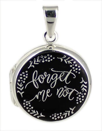 Pendentif médaillon "ne m'oublie pas" rond noir argent 925