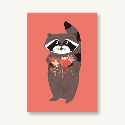 Postcard raccoon with flowers