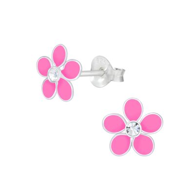 Ohrstecker kleine rosa Blüte mit Glitzer 925 Silber e-coated