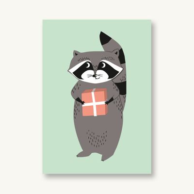 Postcard raccoon with gift