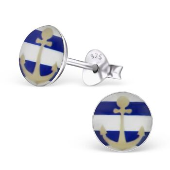 Bouton d'oreille avec ancre en argent 925 rayures bleues et blanches