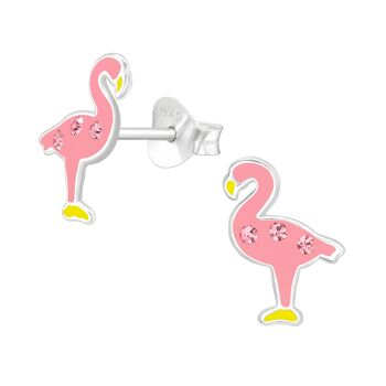 Clous d'oreilles flamant rose paillettes argent 925 e-coat