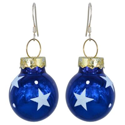Ohrhänger Christbaumkugel blau mit weißen Sternen