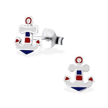 Clous d'oreilles ancre bleu/blanc/rouge argent 925