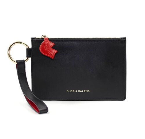 Pochette zippée ISADORA en cuir lisse noir et rouge