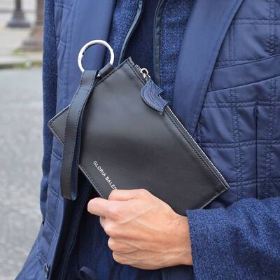 ISADORA-Reißverschlusstasche aus schwarzem und dunkelblauem glattem Leder