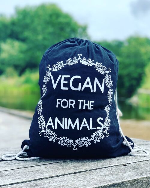 Vegan for the Animals - Black Cotton Drawstring Bag