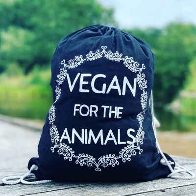 Vegan for the Animals - Borsa con coulisse in cotone nero