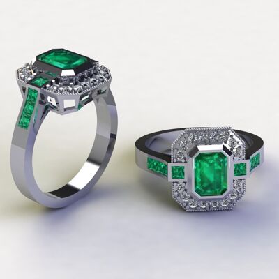 anillo de diamantes y esmeraldas