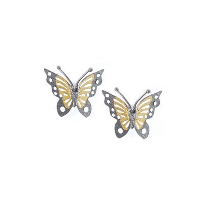 Schmetterlingsförmige Ohrringe aus Sterlingsilber, vergoldet und oxidiert