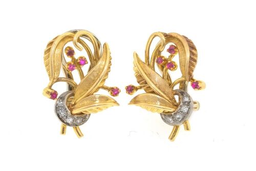 18ct gold art nouveau style clip earrings with rubies and diamonds