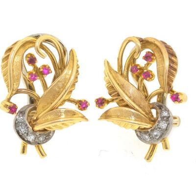 18ct gold art nouveau style clip earrings with rubies and diamonds