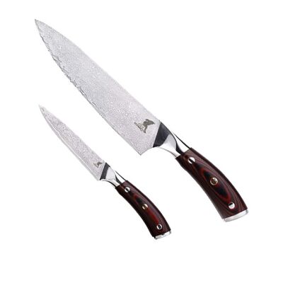 Cuchillo de damasco Hiroto - Cuchillo de chef de 8" + Cuchillo para pelar de 4"