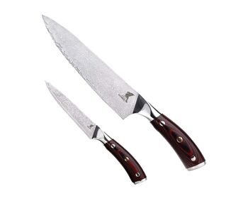 Couteau Hiroto Damascus - Couteau de chef 8" + Couteau d'office 4"
