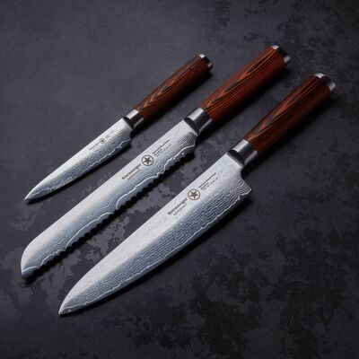 Sternsteiger set di coltelli damasco 3 pezzi in acciaio damasco giapponese VG-10 - SERIE SPITZEN-STERN GOLD