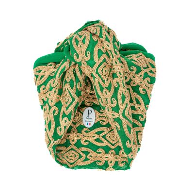 Green Jacquard Turban with gold motifs - Large