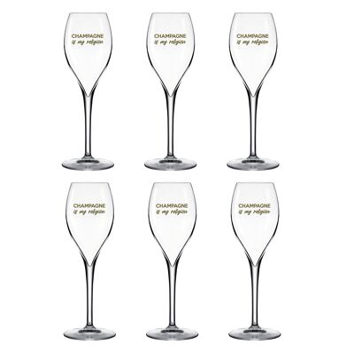 Set of 6 Champagne flutes: Champagne is my religion
