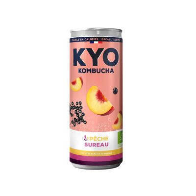 KYO Canette 33cl Kombucha Pêche Baies de Sureau bio - Pétillant - faible en sucre - sans alcool et artisanal