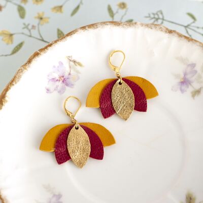 Lotus earrings - gold, red and orange leather