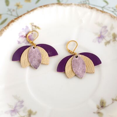 Lotus earrings - metallic pink, beige, purple leather