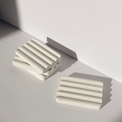 White Concrete Style Ribbed Ridged Minimalist Soap Dish Holder Tray