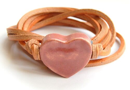 Natural leather cord with vintage rose ceramic heart.