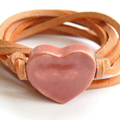 Natural leather cord with vintage rose ceramic heart.
