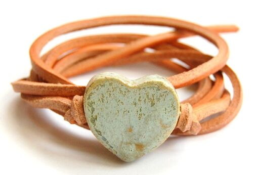 Natural leather cord with vintage green ceramic heart.