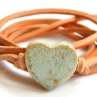 Natural leather cord with vintage green ceramic heart.