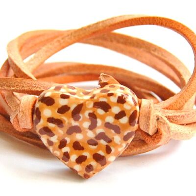 Natural leather cord with tiger print ceramic heart.