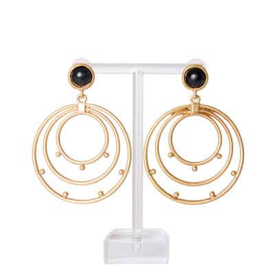 Golden satellite earrings with black turmeline closure
