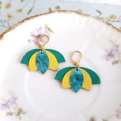 Lotus earrings - metallic blue, chartreuse yellow and pine green leather