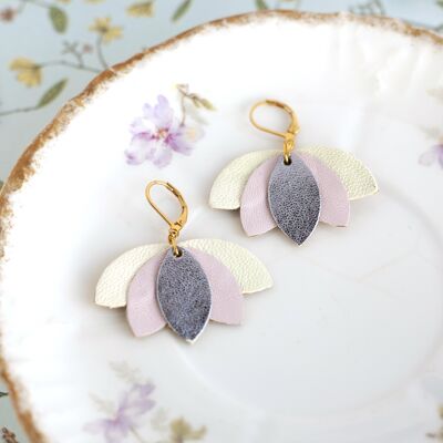 Lotus earrings - metallic blue-gray, light pink and white leather